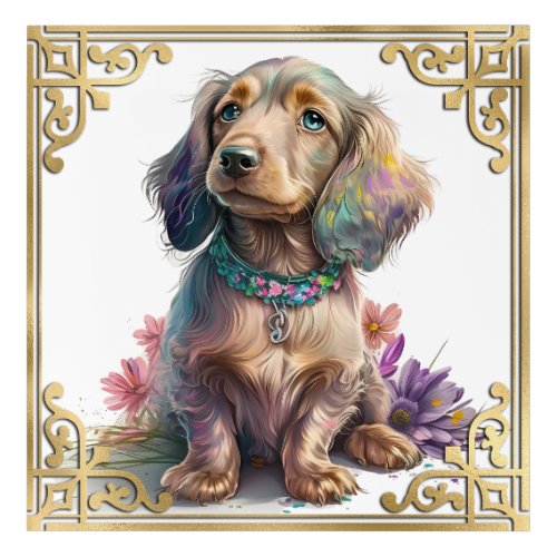 Watercolor Floral Dachshund Puppy  Gold Frame Acrylic Print