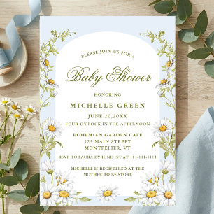 Watercolor Floral Daisy Baby Shower Light Blue Invitation