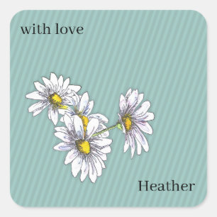 Watercolor Floral Daisy Duck Egg Blue Boho  Favor Square Sticker