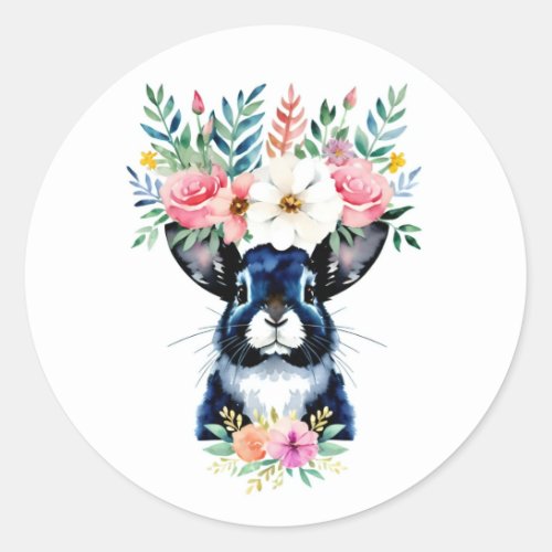 Watercolor floral dark bunny rabbit portrait classic round sticker