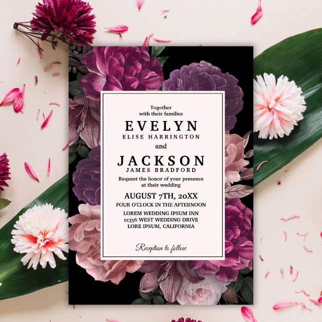 Watercolor floral dark moody black Wedding  Invitation (Creator Uploaded)