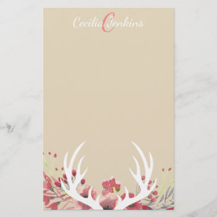 Watercolor Floral Deer Antlers & Name Stationery