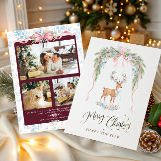 Watercolor Floral Deer Antlers Pink Bow Christmas Holiday Card