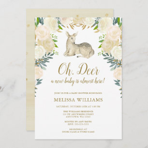 Watercolor Floral Deer Baby Shower Invitations