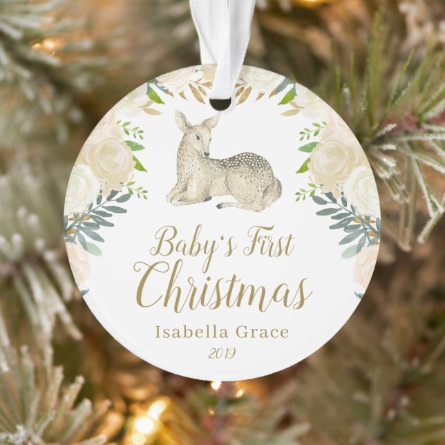 Watercolor Floral Deer Baby's First Christmas Ornament (Tree)