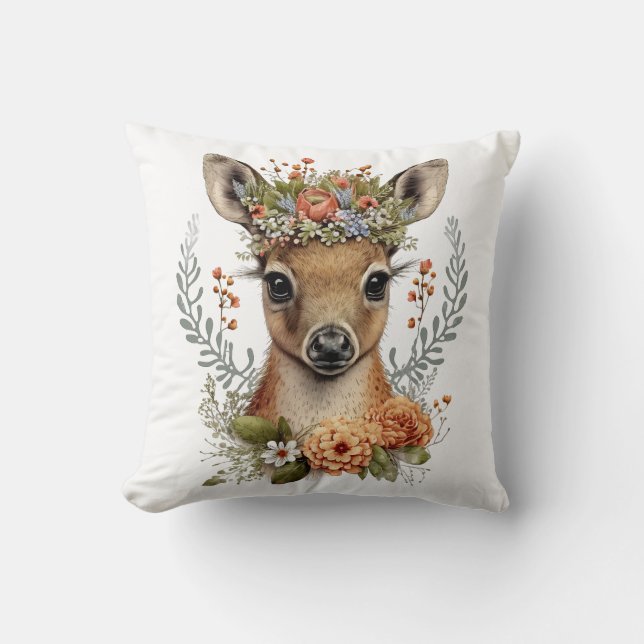 Watercolor Floral Deer Cute Throw Pillow (Front)