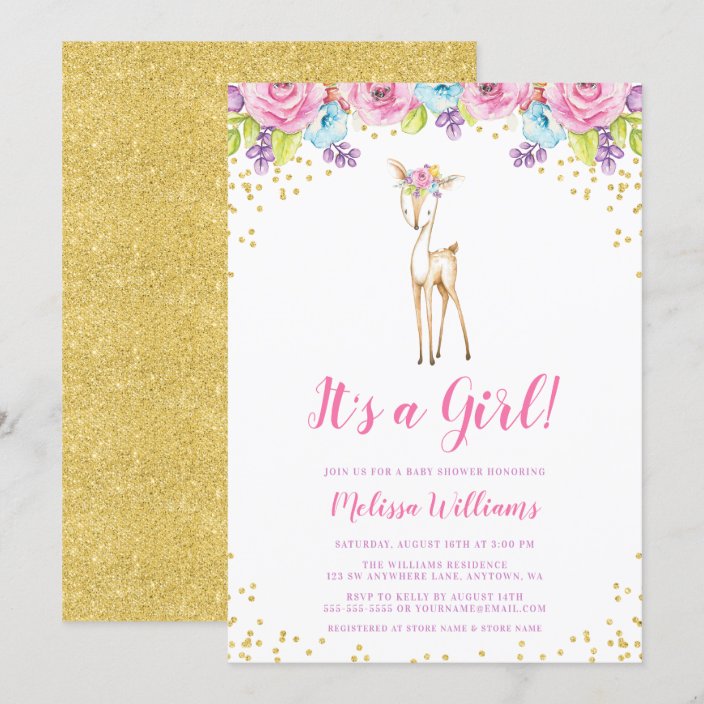 Watercolor Floral Deer Girl Baby Shower Invitation | Zazzle