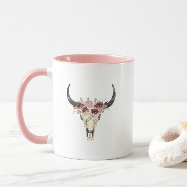 Watercolor Floral Deer Skull Mug (With Donut)