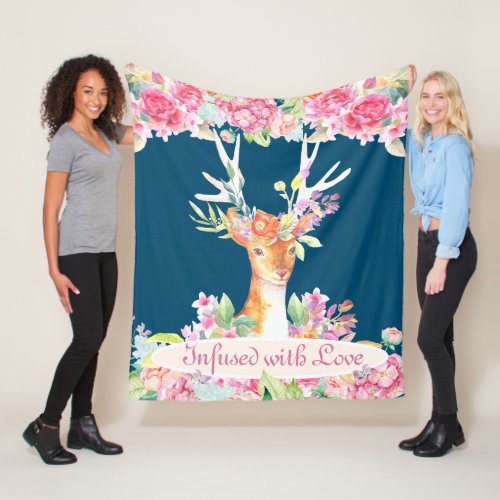 Watercolor Floral Deer with Antlers Navy and Pink Fleece Blanket