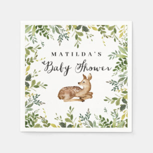 Watercolor floral deer woodland baby shower party napkins