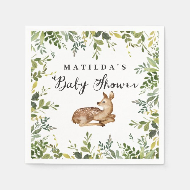 Watercolor floral deer woodland baby shower party napkins (Front)