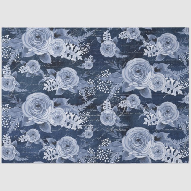 Watercolor Floral Delft Blue Ephemera Decoupage Tissue Paper (Front)