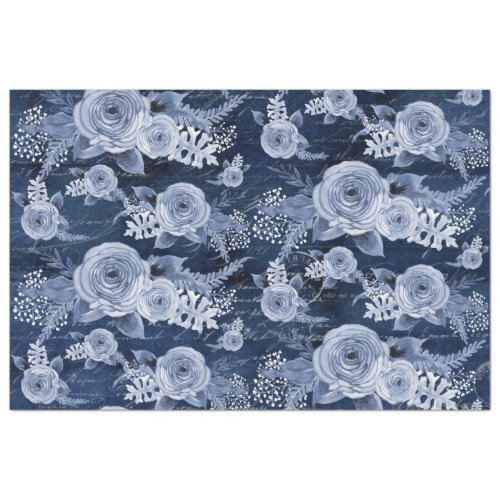 Watercolor Floral Delft Blue Ephemera Decoupage Tissue Paper