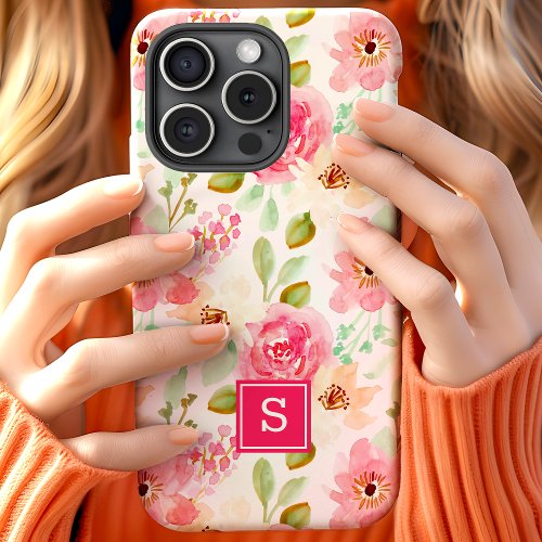 Watercolor Floral Design with Pink Monogram iPhone 15 Case