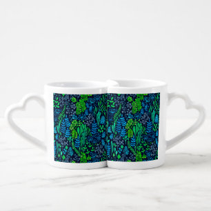 Watercolor floral doodles dark background coffee mug set