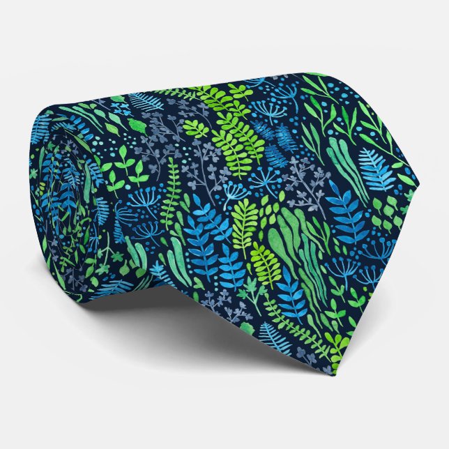 Watercolor floral doodles dark background neck tie (Rolled)