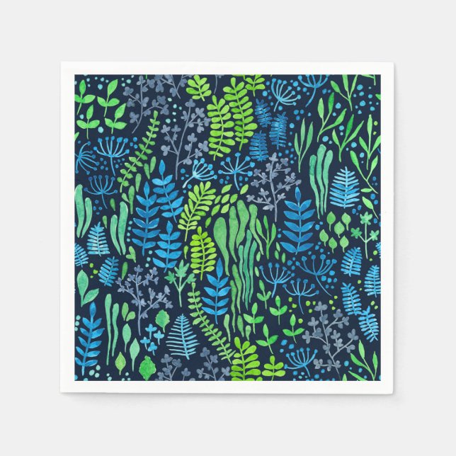 Watercolor floral doodles dark background paper napkins (Front)