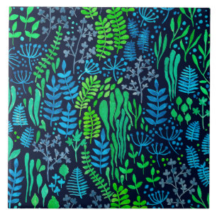 Watercolor floral doodles dark background tile