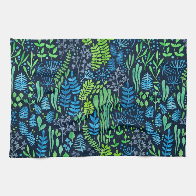 Watercolor floral doodles dark background towel (Horizontal)