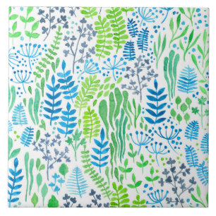 Watercolor floral doodles white ceramic tile