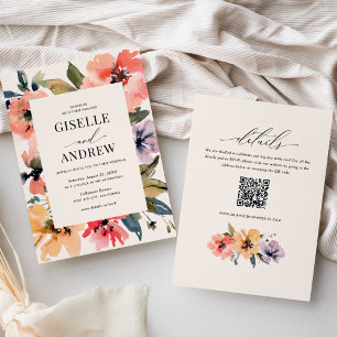 Watercolor Floral Doublesided Wedding Website QR  Invitation