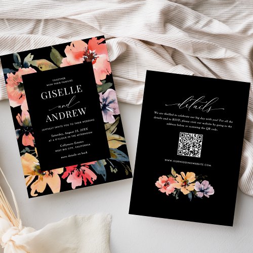 Watercolor Floral Doublesided Wedding Website QR  Invitation