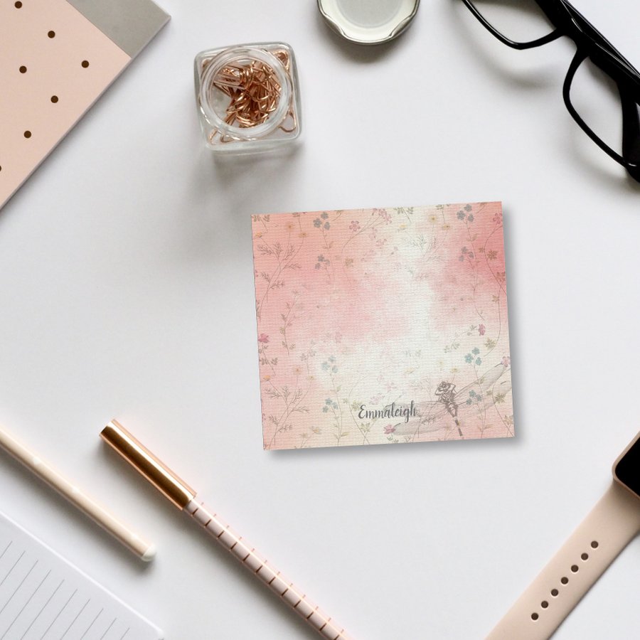 Watercolor Floral Dragonfly Monogram | Pink Green Post-it Notes