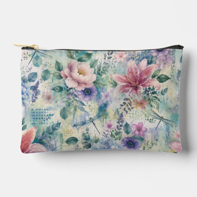 Watercolor Floral Dragonfly Pattern Accessory Pouch (Front)