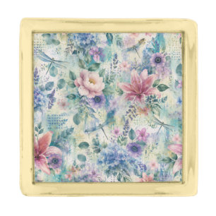 Watercolor Floral Dragonfly Pattern Gold Finish Lapel Pin