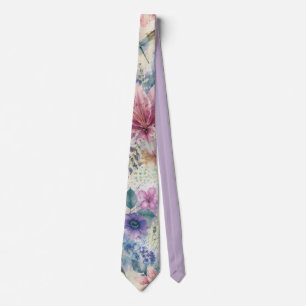 Watercolor Floral Dragonfly Pattern Neck Tie