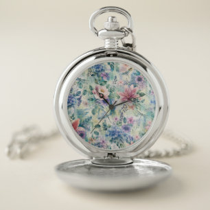 Watercolor Floral Dragonfly Pattern Pocket Watch