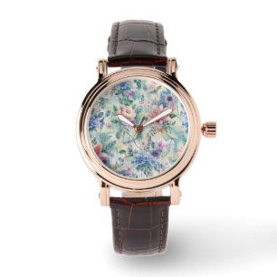 Watercolor Floral Dragonfly Pattern Watch