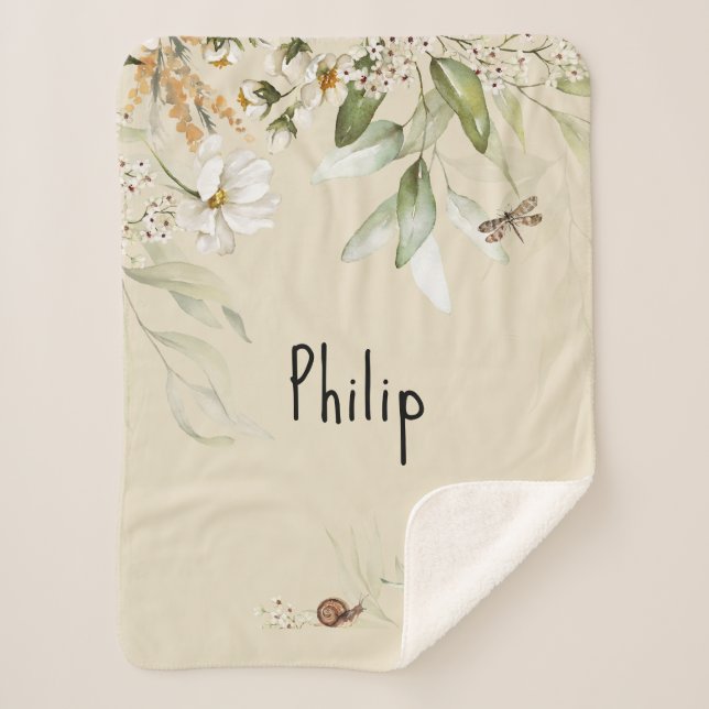 Watercolor Floral Drop Sherpa Stroller Boy Blanket (Front)