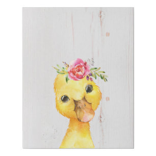 Watercolor Floral Duck Farmhouse Style Art Faux Canvas Print