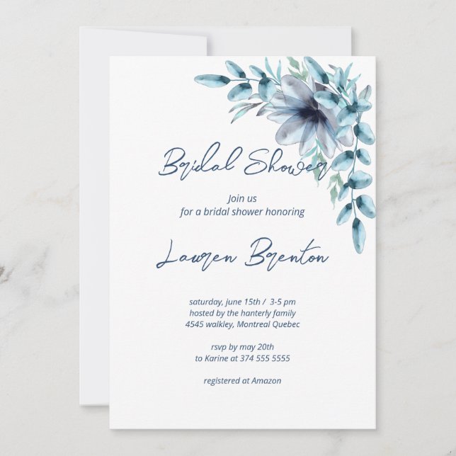 Watercolor floral dusty-blue Bridal Shower     Invitation (Front)