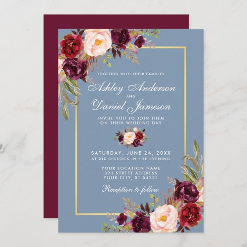 Watercolor Floral Dusty Blue Burgundy Wedding Invitation
