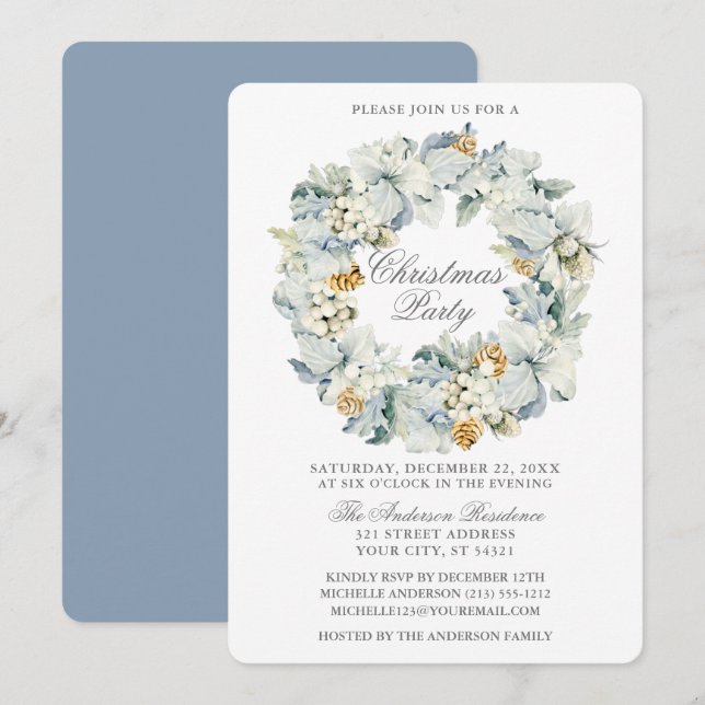 Watercolor Floral Dusty Blue Christmas Party Invitation (Front/Back)