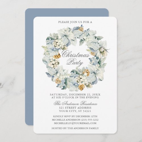 Watercolor Floral Dusty Blue Christmas Party Invitation