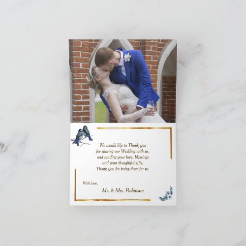 Watercolor Floral Dusty Blue Custom Wedding Photo Thank You Card