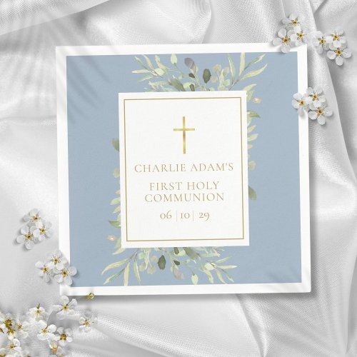 Watercolor Floral Dusty Blue First Holy Communion Napkins