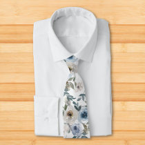 Watercolor Floral Dusty Blue Flower  Neck Tie