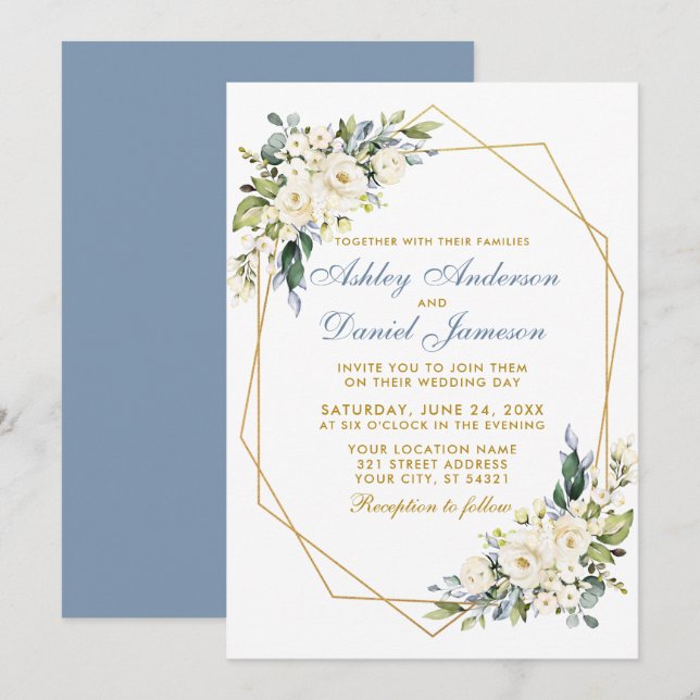 Watercolor Floral Dusty Blue Geo Frame Wedding Invitation (Front/Back)