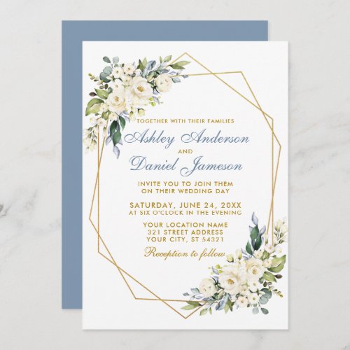 Watercolor Floral Dusty Blue Geo Frame Wedding Invitation