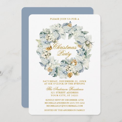 Watercolor Floral Dusty Blue Gold Christmas Party Invitation