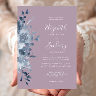 Watercolor Floral Dusty Blue Mauve Wedding Invitation
