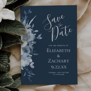 Watercolor Floral Dusty Blue Navy Save the Date Invitation