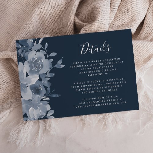 Watercolor Floral Dusty Blue Navy Wedding Details Enclosure Card