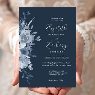 Watercolor Floral Dusty Blue Navy Wedding Invitation