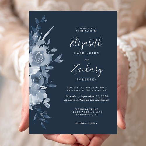 Watercolor Floral Dusty Blue Navy Wedding Invitation