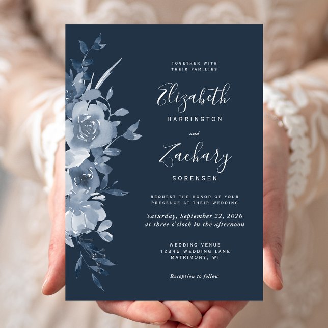 Watercolor Floral Dusty Blue Navy Wedding Invitation (Creator Uploaded)